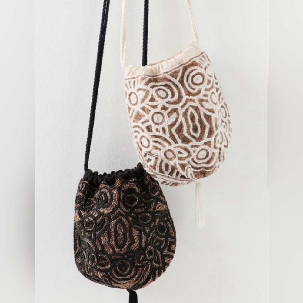 FREE PEOPLE Bohemian Cream Gold Beadwork Fringe Penny Bag Crossbody Purse NEW